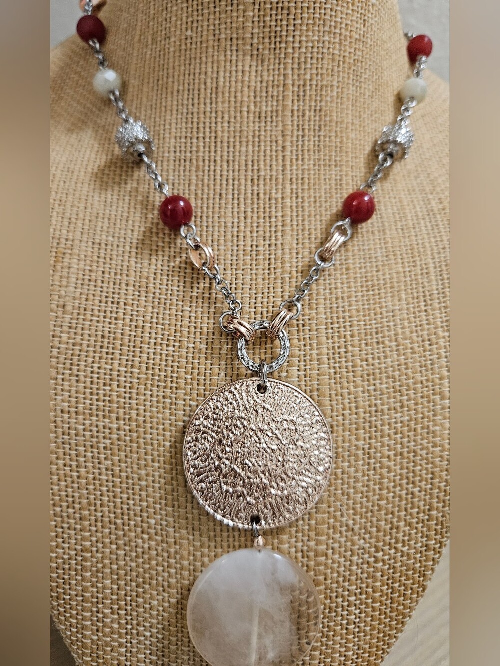 CHICO'S MEDALLION SILVER-TONE ROSE GOLD GLASS BEADS  BOHEMIAN LONG NECKLACE - Picture 6 of 16